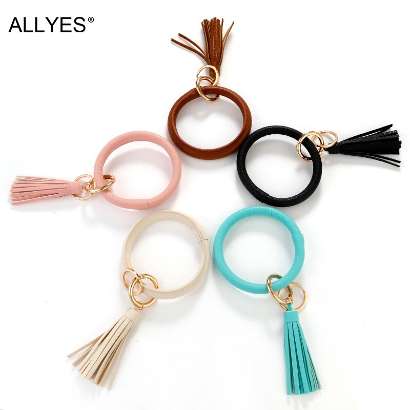 ALLYES Tassel Round Wristlet Keychain for Women Girls Charm Leather Bangles Key Chain Jewelry