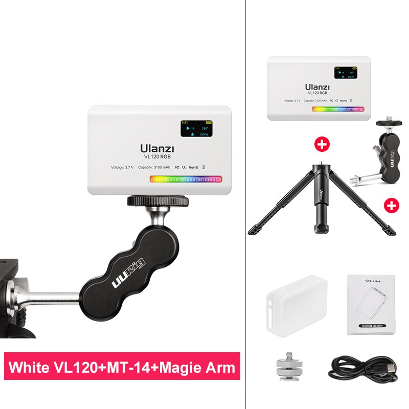 Ulanzi VL120 RGB Compact Video Light with Display Screen Diffuser Mini Camera RGB Light Smartphone Selfie Lighting 3100mAh: Arm Kit White