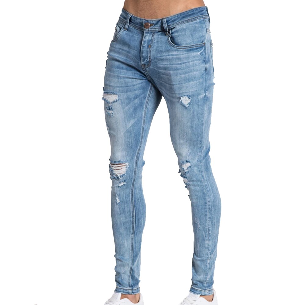 Slitna jens byxor tvättade denim skinny jeansbyxor hip streetwear slim fit stretch biker jeans pencil jeansbyxor: Blå / M