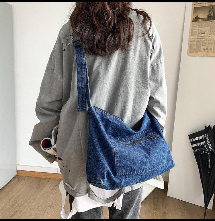 Student Casual Daily Jeans Shoulder Bag Female Teenager High Street Tide Denim Fabric Big Capacity Crossbody Messenger Bag