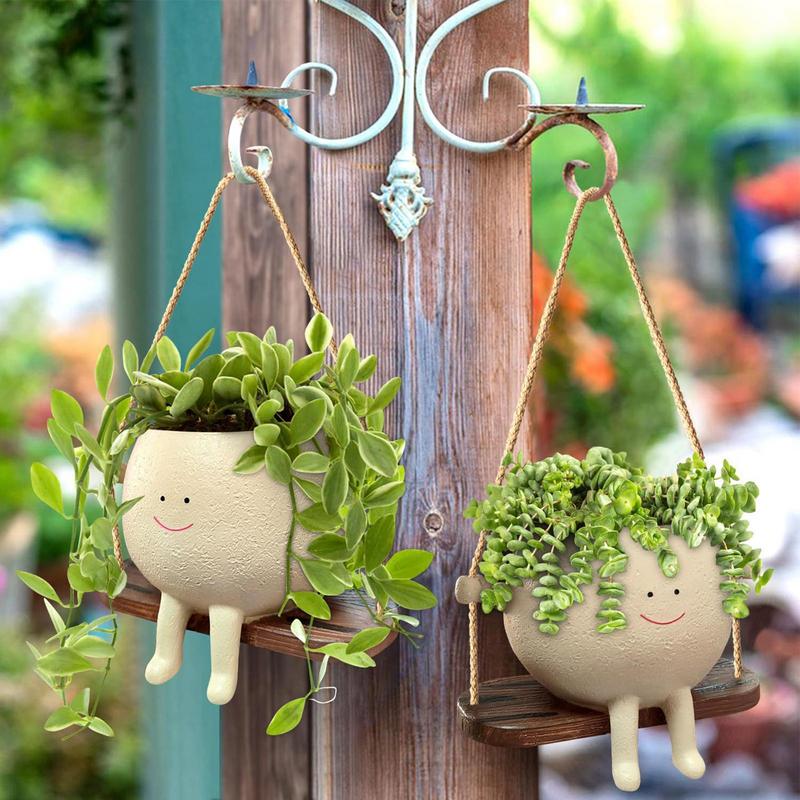 User inière en résine avec visage souriant et ficelle, pot unique, visage oscillant, accessoires de jardin
