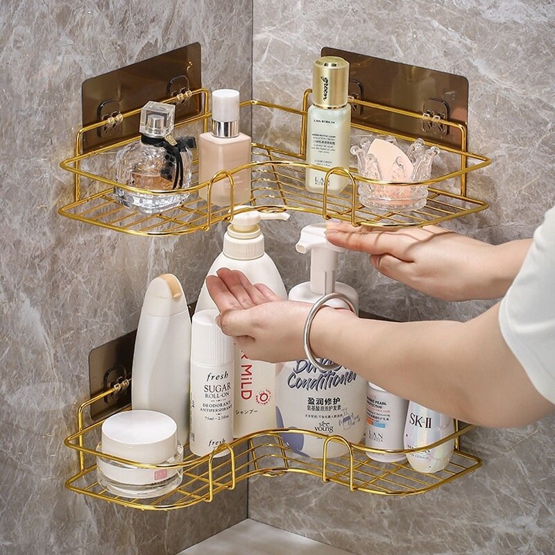 Goud Geen-Boor Badkamer Plank Hoekplank Douche Shampoo Magazijnstelling Houder Wc Organizer Wc Badkamer Planken Accessoires