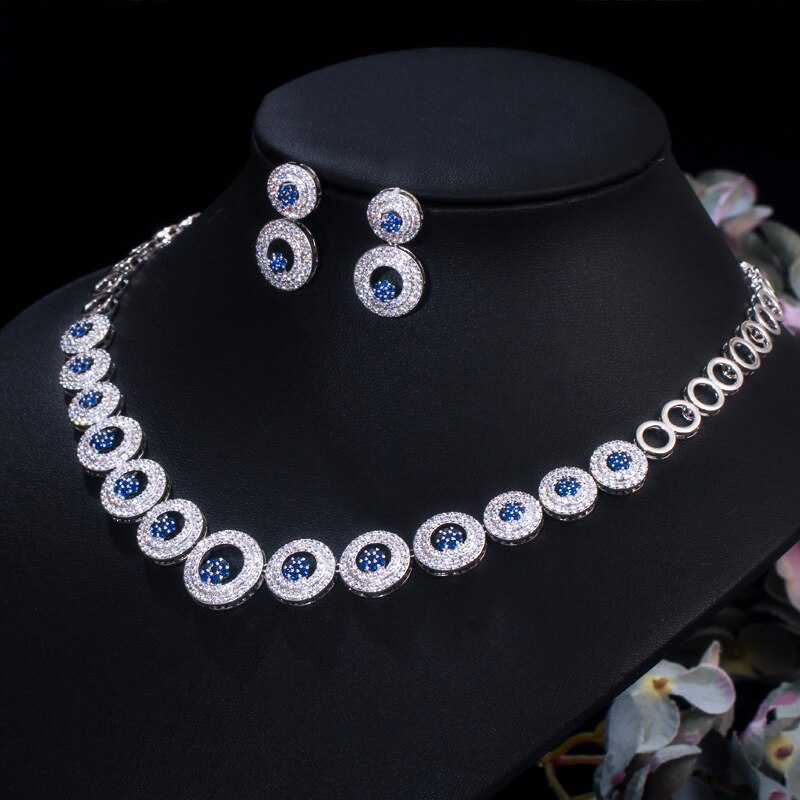 CWWZircons vert cubique Zircon pierre grandes boucles d'oreilles rondes et collier de ensemble de bijoux de mariée accessoires de fête de bal T444