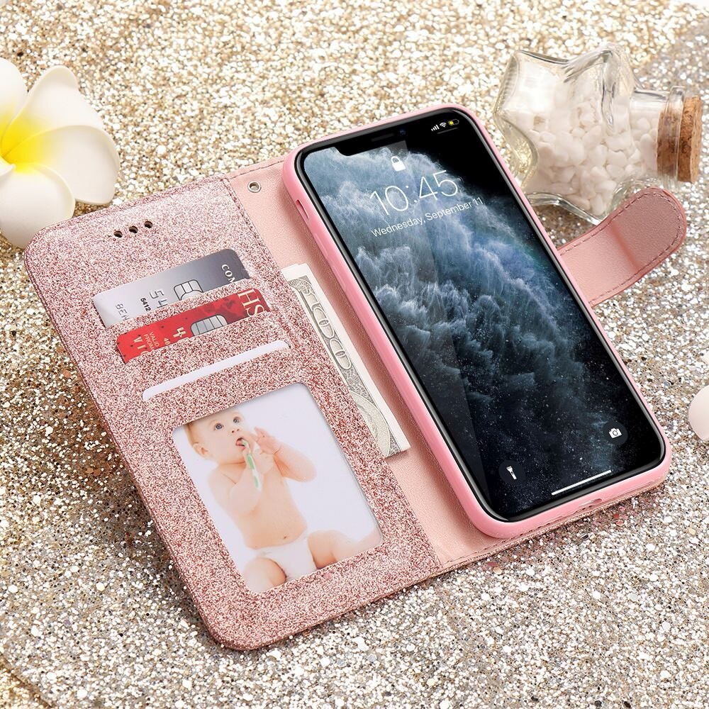 LAPOPNUT Magnetischen Flip Leder Brieftasche Glitter Strass Herz Abdeckung Fall für Iphone 11 Pro Xr Xs Max X 8 7 plus 6 6s 5 5s SE