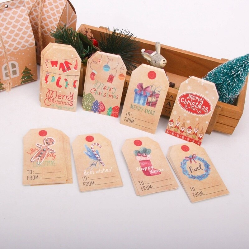 50 stuks/partij vrolijke kerstpapieren labels met touw diy knutselkaarten kerstfeest hangende labels inpakbenodigdheden huishoudelijke artikelen