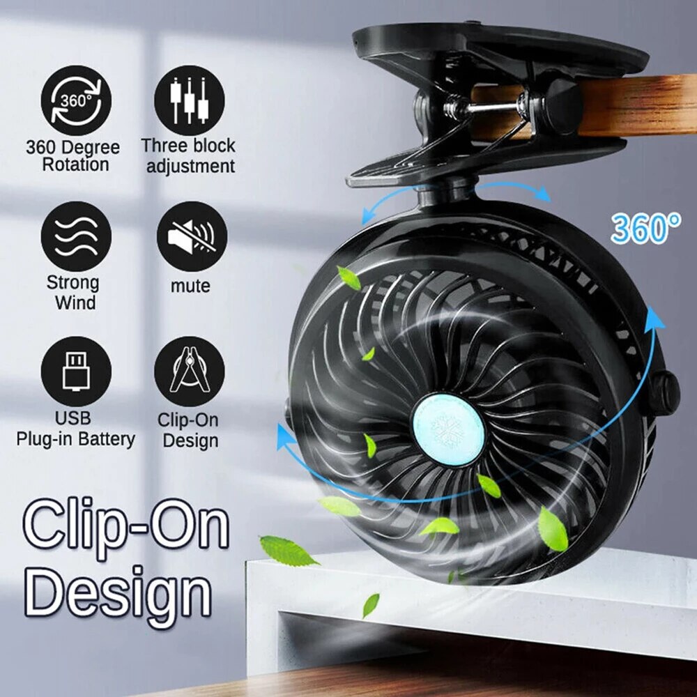 Usb Oplaadbare Clip Desktop Tafel Ventilator Mini Draagbare Klem 360 Graden Roterende Ventilator Koeling Luchtkoeler 2600Mah Batterij