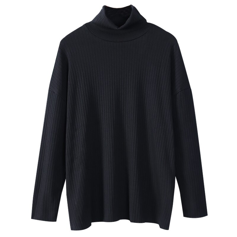 Efterårsstil stribet højhalset t-shirt hjemmetøj strikket bomuld graviditetstoppe løs stor størrelse bluse graviditetstøj 6620: Sort / Xxl