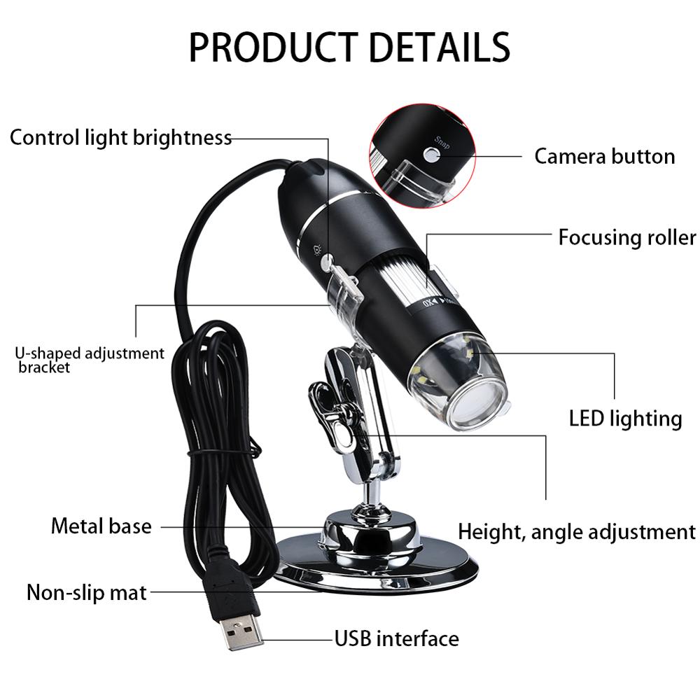 Alloet 1000X 1600X 8 LED Digital Microscope USB HD Handheld Portable Microscope Magnifier Electronic Stereo Endoscope Camera