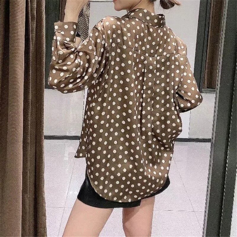 Aelegantmis Vintage Polka Dot Blouses Shirt Female Spring Long Sleeve Casual Women Dot Shirt Green Loose High Street Chic