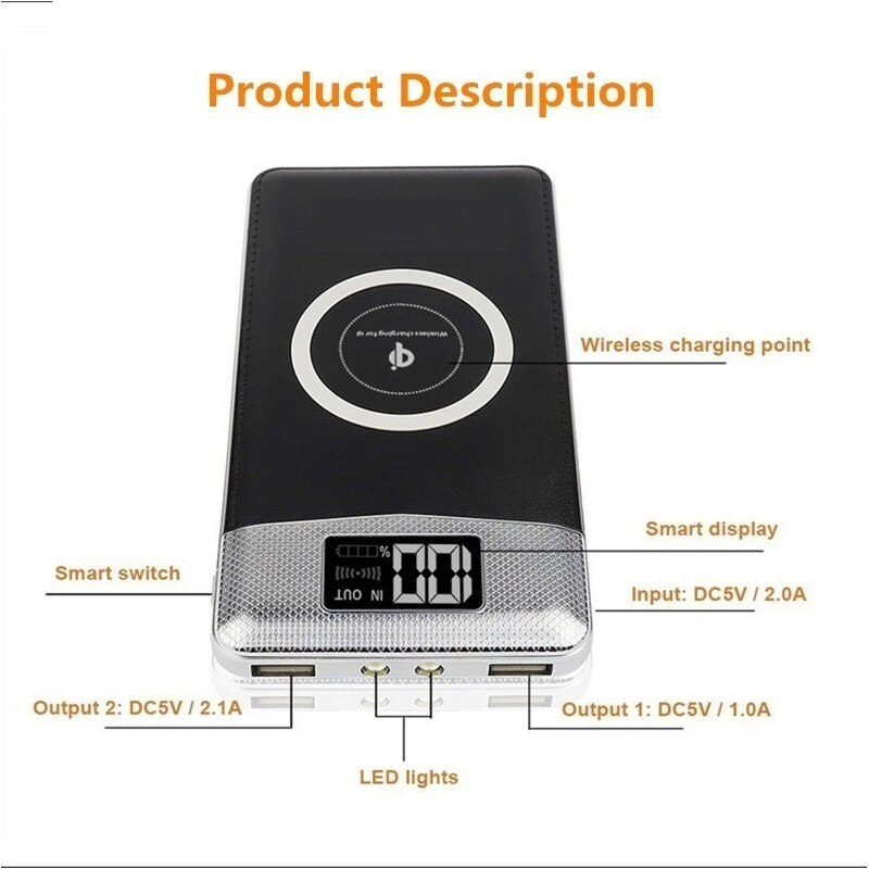 30000Mah Draadloze Draagbare Oplader Mobiele Power Bank Met 2USB Batterij Smart Telefoon Digitale Display Noodstroomvoorziening