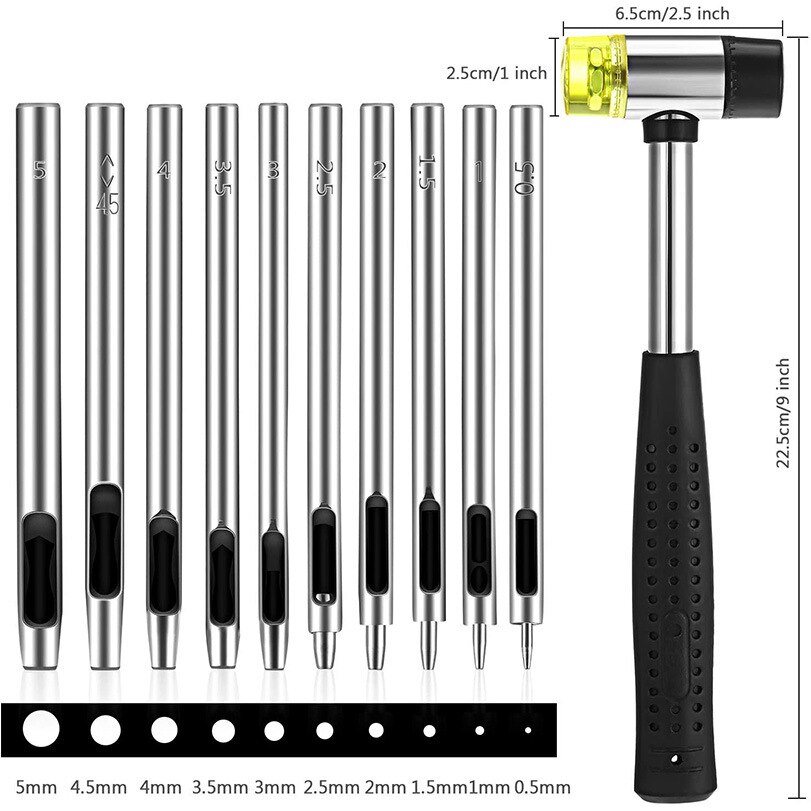Leather Tools Leather Hole Punch Kit Hollow Puncher Belt 0.5mm-5mm with ouble-Faced Soft Mallet Rubber and Nylon Faced Hammer
