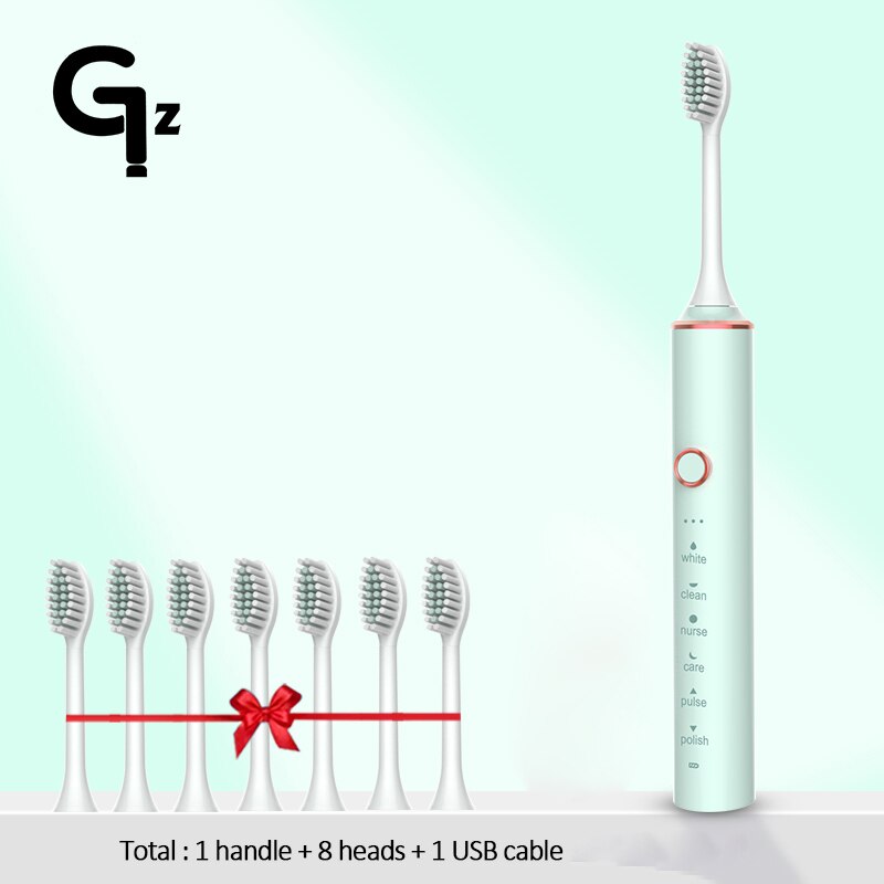 GeZhou-cepillo de dientes eléctrico sónico para niños, dispositivo de limpieza recargable IPX7, resistente al agua, 18 modos de viaje, 16 cabezales: N100green 8