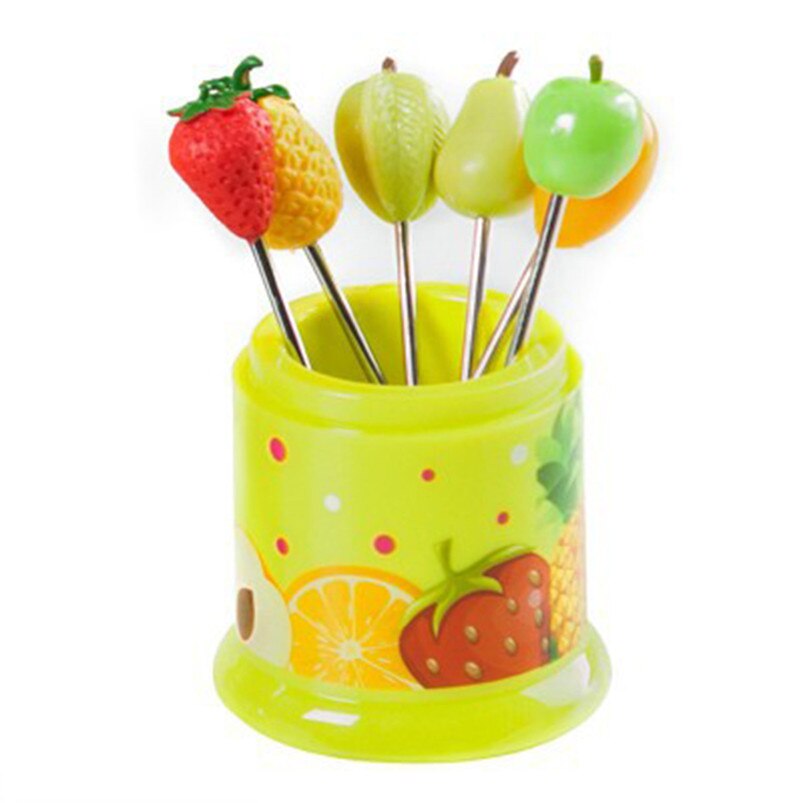 6Pcs Kitchen Forks fruit sign stainless steel fruit Fork multicolor Tableware cute child Fruit Forks #3n05#F: Green