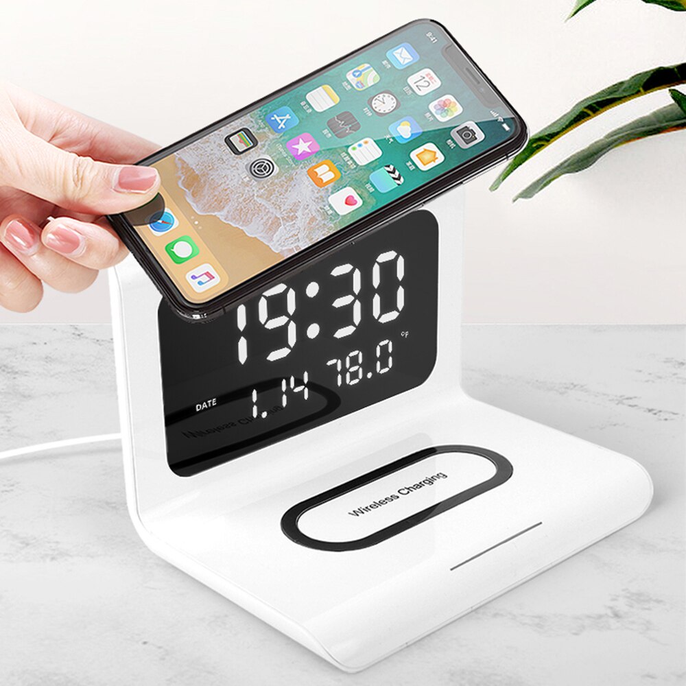 Trådløs oplader digitalt vækkeur 10w qi hurtigopladningsplade desktop home decor termometer kalender til iphone samsung