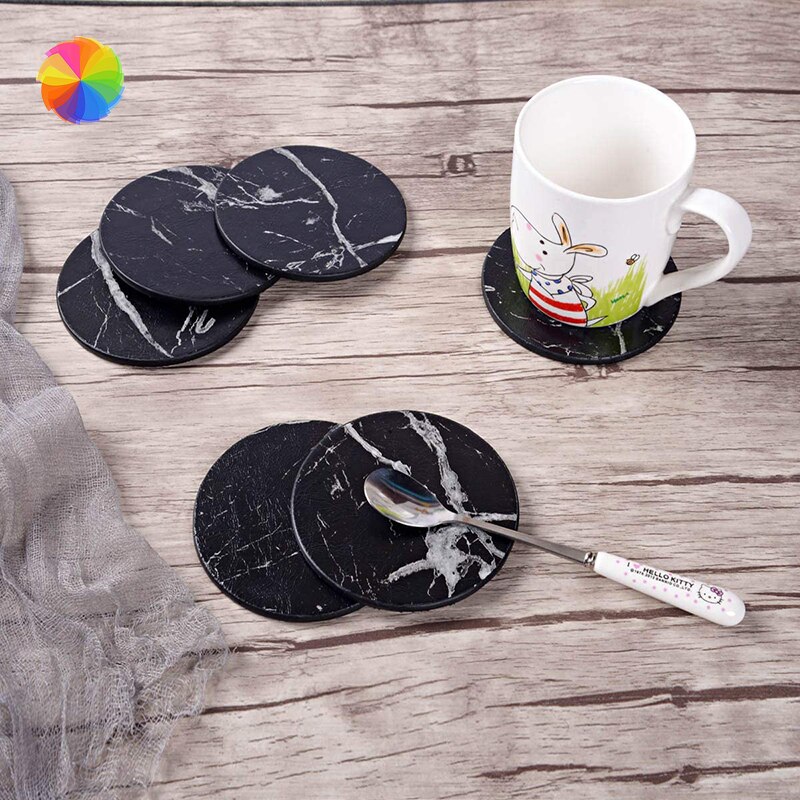 Coasters for drinks 6- stk. med holder, marmor sort rund kopemåtte sæt af hjem og køkken brug tob