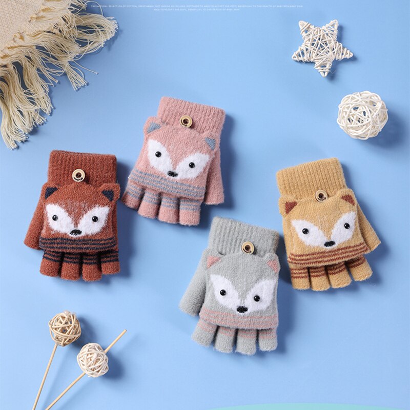 Kinderen Winter Gebreide Convertible Handschoenen Kerst Cartoon Vos Warme Zachte Gevoerd Flip Top Vingerloze Wanten Baby Handschoenen 6-10T