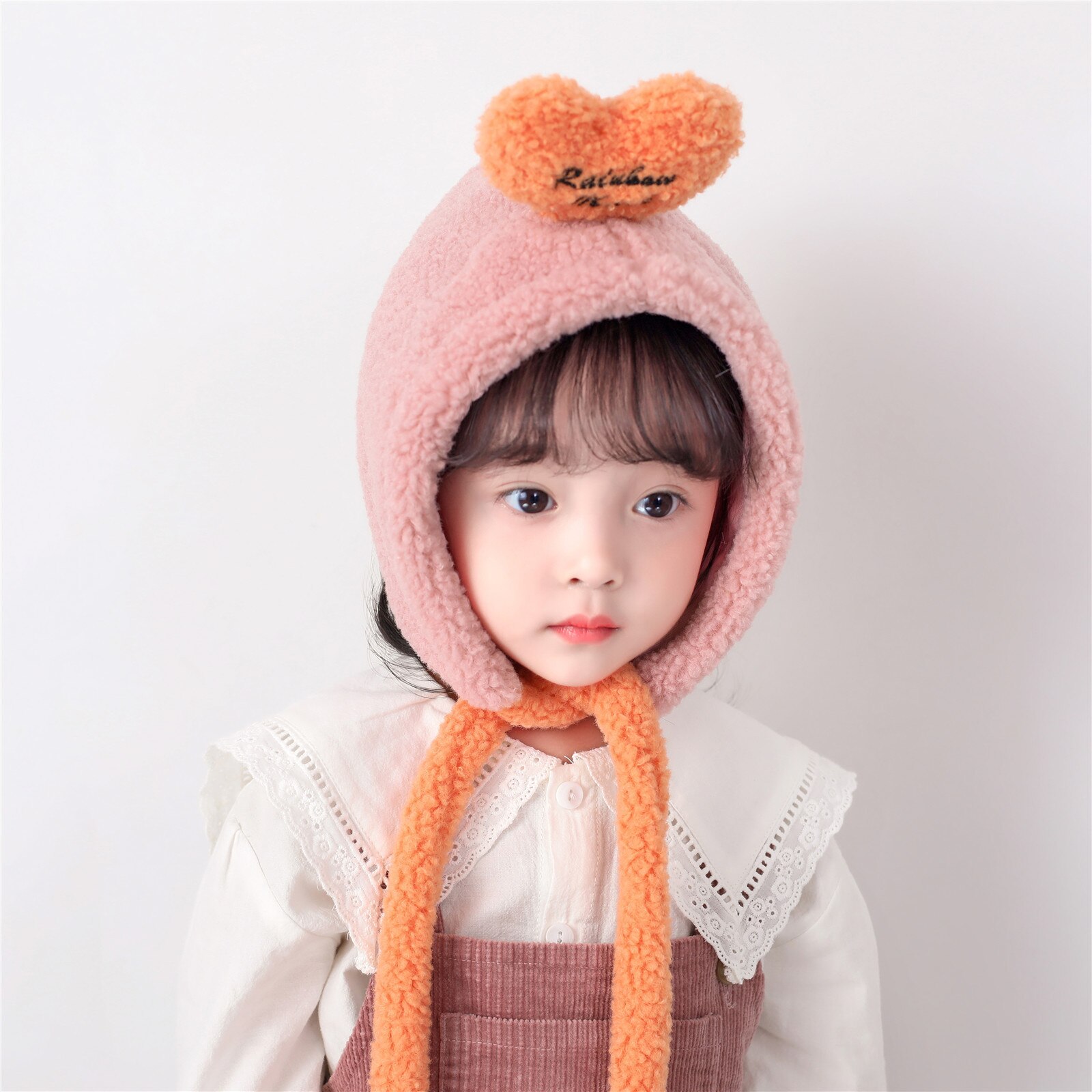 Girl's hat autumn winter ear cap children's scarf hat set foreign style baby lamb cashmere love tie up hat kids hats