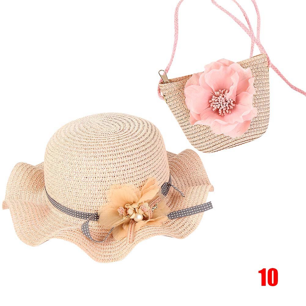 Vrouwen Meisjes Stro Zonnehoed + Leuke Bloem Stro Schoudertas Set Zomer Strand Kit: 10