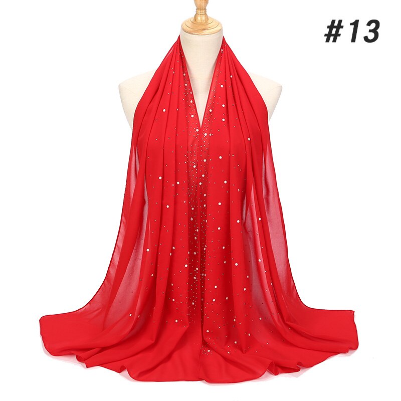 1 Pc Vrouwen Bellen Chiffon Sjaal Met Diamant Studs Parels Sjaal Vlakte Hijab Sjaals Wraps Effen Kleur Moslim hijab Sjaal: color13
