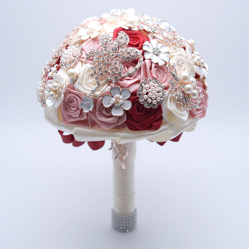 JaneVini Bride Wedding Bouquet Pearls Crystal Beaded Pink Flowers Satin Luxury Artificial Bridal Flower Bouquets boeket bruiloft: Burgundy