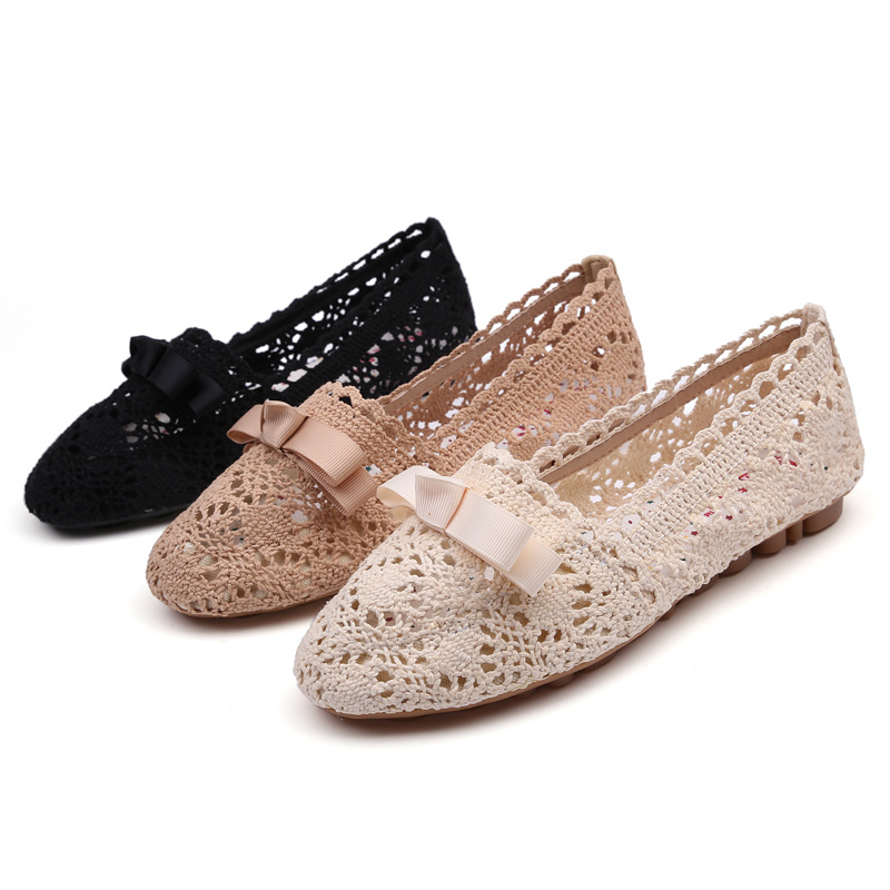 autumn bow-tied single shoes woman breathable hemp knitting hollow flats moccasins soft bottom non-slip leisure loafers