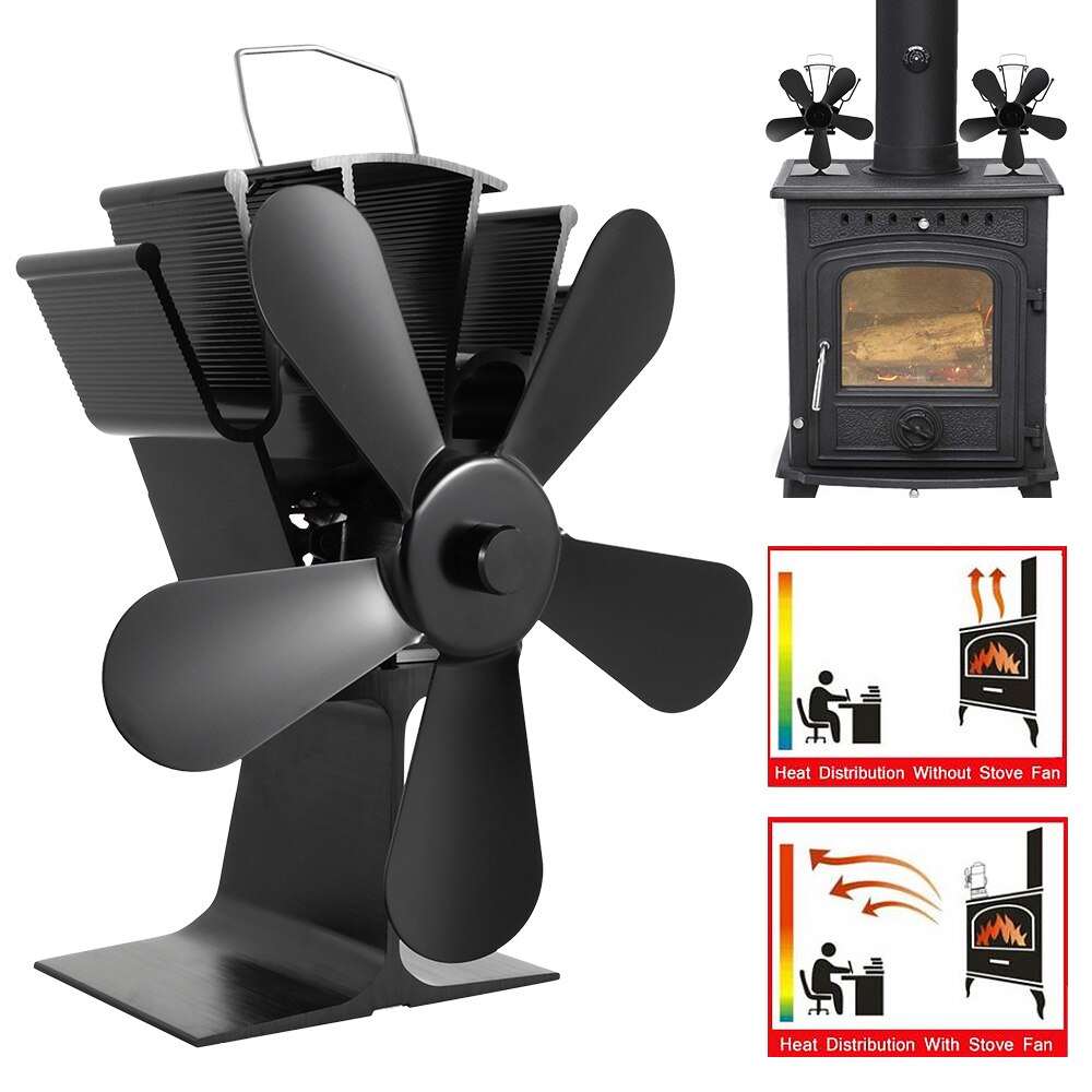 Cheminée noire cheminée pour poêle à 5 lames à chauffage, ventilateur et silencieux pour la maison, Distribution de chaleur efficace