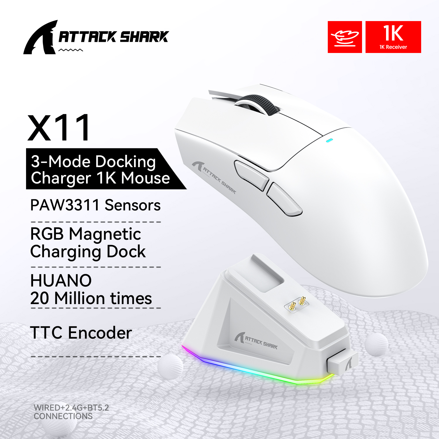 Attack Shark X11 PAW3311 22KDPI 400IPS Wireless Mouse ,Tri-Mode Connection 2.4GHz/Wired/Bluetooth RGB PC Gaming Mouse: WHITE