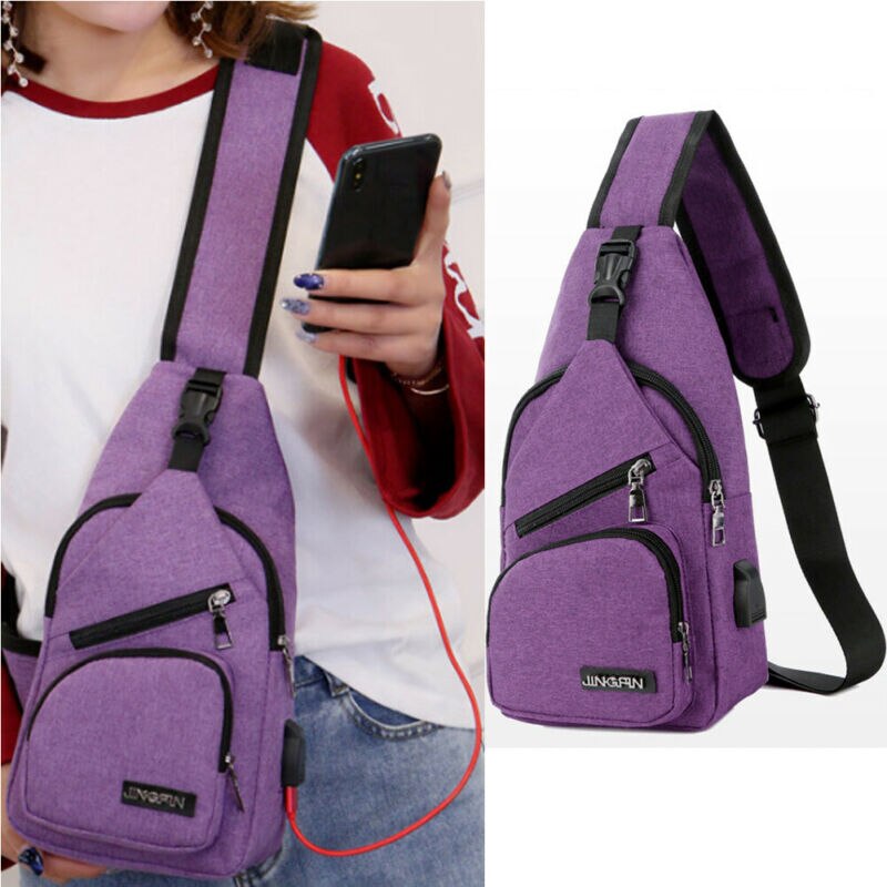 Lokale voorraad Mannen Vrouwen Schoudertas Sling Borst Pack USB Opladen Sport Crossbody Handtas