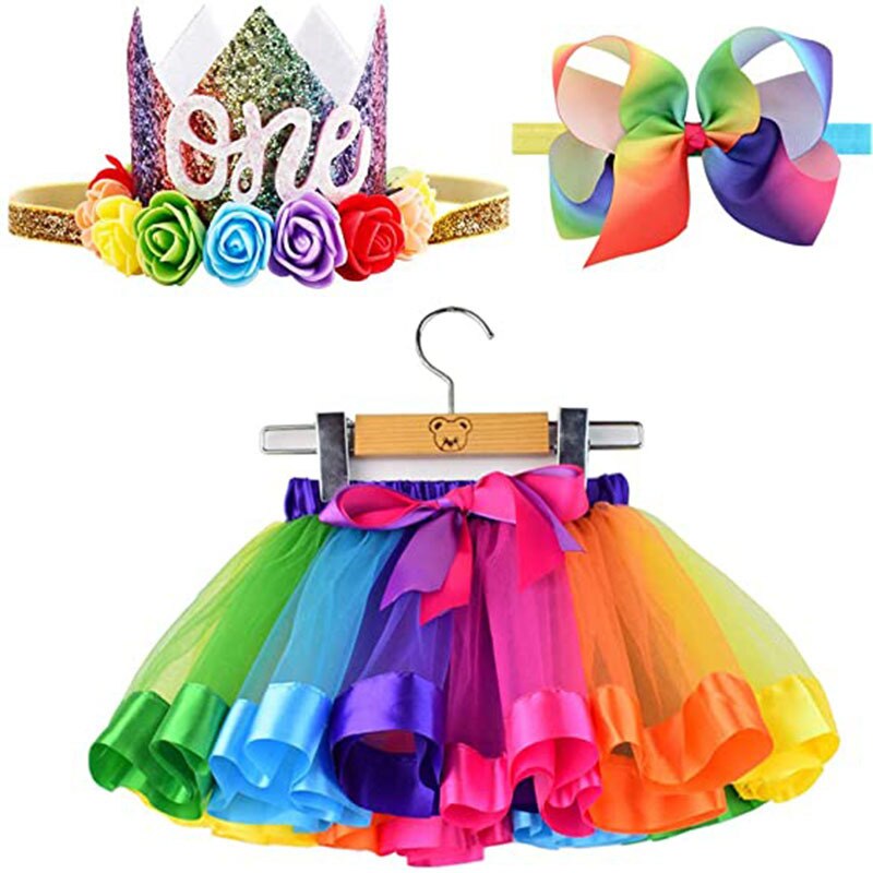 Baby Girl Bow-knot Headband 1 Set Party Dance abbigliamento per bambini 3-7 anni Rainbow Princess Tutu Skirt Tulle Skirt Suit: 1