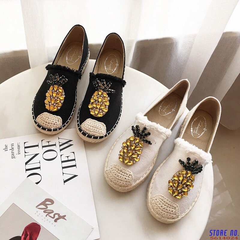 Nouvelles femmes Espadrilles chaussures plates cristal ananas chanvre pêcheur chaussures dames strass mocassins sans lacet chaussures simples S