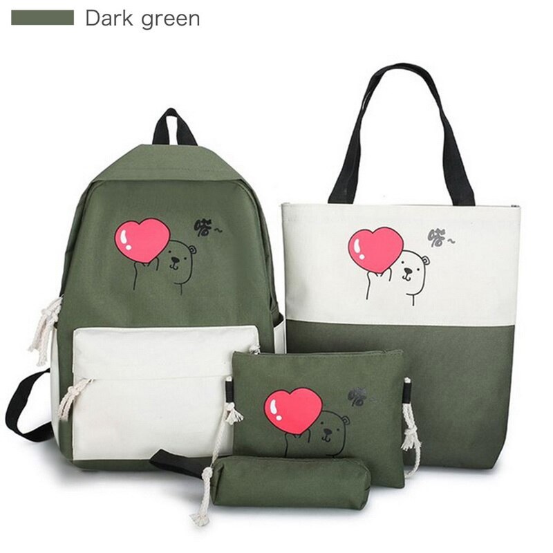 5 Delige Set High School Rugzak Tassen Voor Tienermeisjes Canvas Rugzak Vrouwen Bookbags Tiener Student Schooltas: Type3 4pcs Green