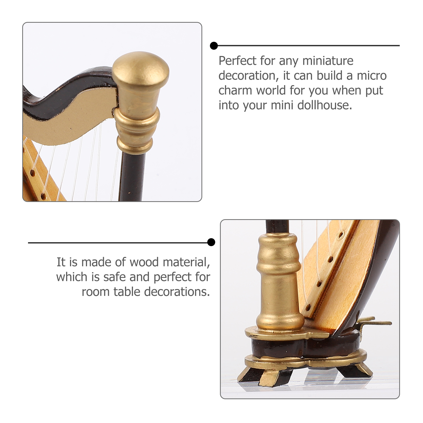 Mini Harp Model Wooden Harp with Box Musical Instrument Replica Table Ornament