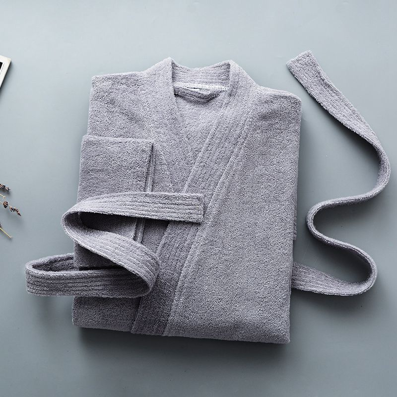 Men Bathrobe Long 100% Cotton Bathrobe Plus Size Suck Water Towel Thick Bath Robe Spa Sleepwear Bride Dressing Gown Men Robes: Grey / XL(185-200cm)
