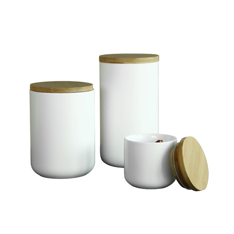 Vaso di stoccaggio sigillato in ceramica bianca semplice con coperchio in legno 260ML 800ML 1000ML contenitore per alimenti da cucina teiera organizzatore di cereali