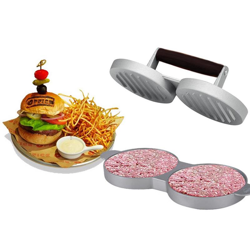 Kapmore 1pc hamburgerpress dubbla hål trähandtag non-stick köttpress biffmaskin köttverktyg tillbehör för kök