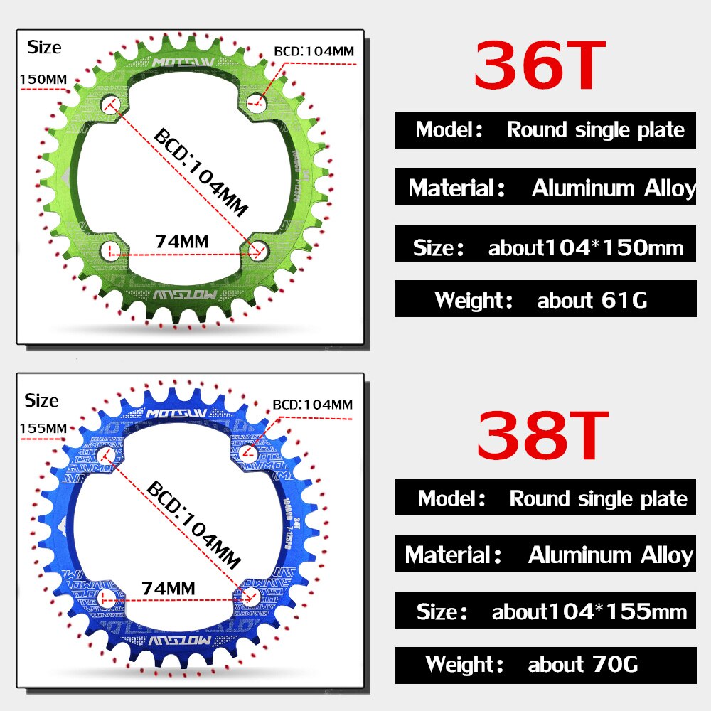 Motosuv redondo estrecho ancho motoring MTB bicicleta de montaña bicicleta 104BCD 32T 34T 36T 38T plato de dientes partes 104 BCD