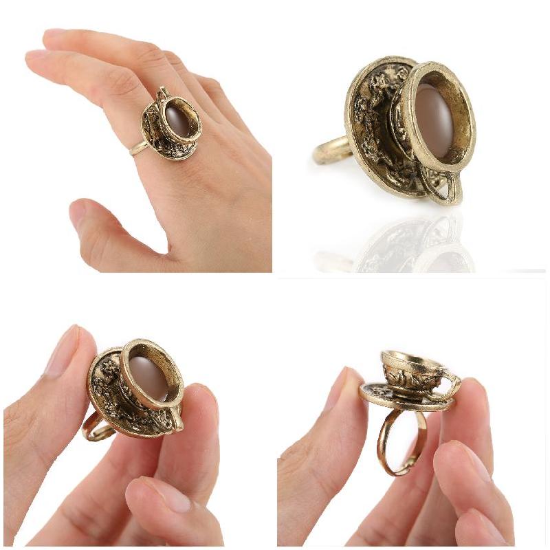 Retro Vrouwen Koffiekopje Ring Europese Ontwerpen Kunstmatige Brons Metalen Ringen Sieraden AIC88