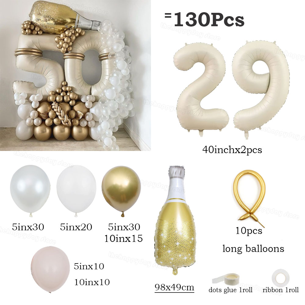 130 Uds. Juego de globos con números de oro blanco y arena crema, globos de aluminio con números de 40 pulgadas para decoraciones de de feliz 20 30 40 50 cumpleaños: Marble
