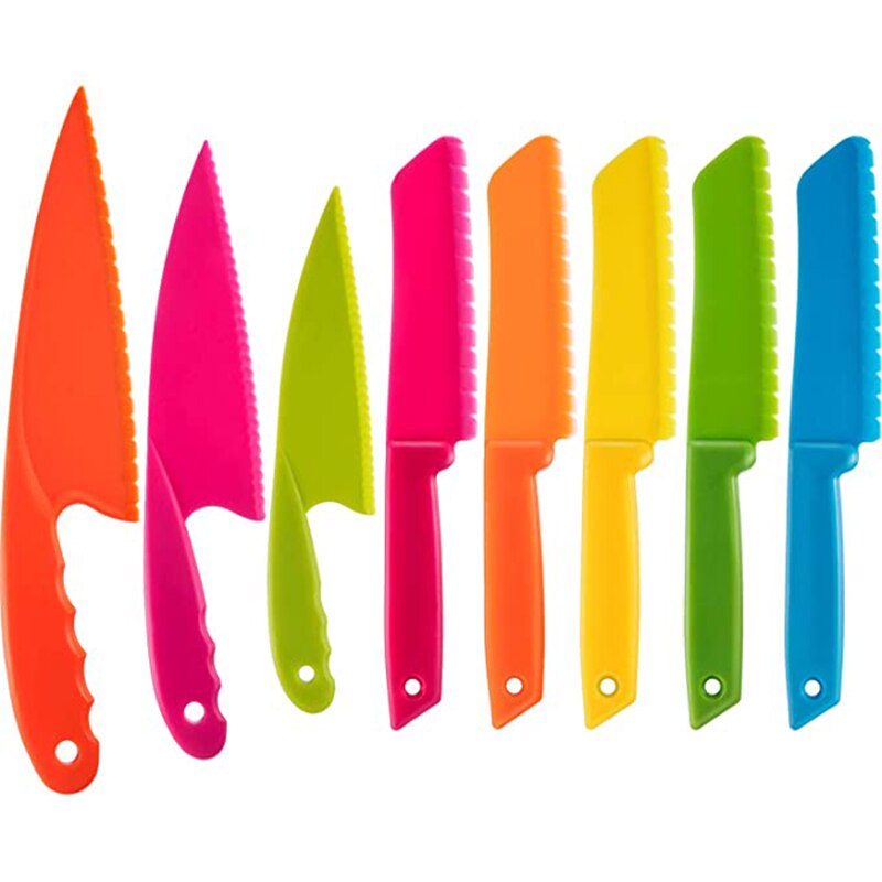 8 stycken barn plast kökskniv set barnsäker matlagning kock nylon knivar för frukt bröd tårta sallad salladskniv: 3