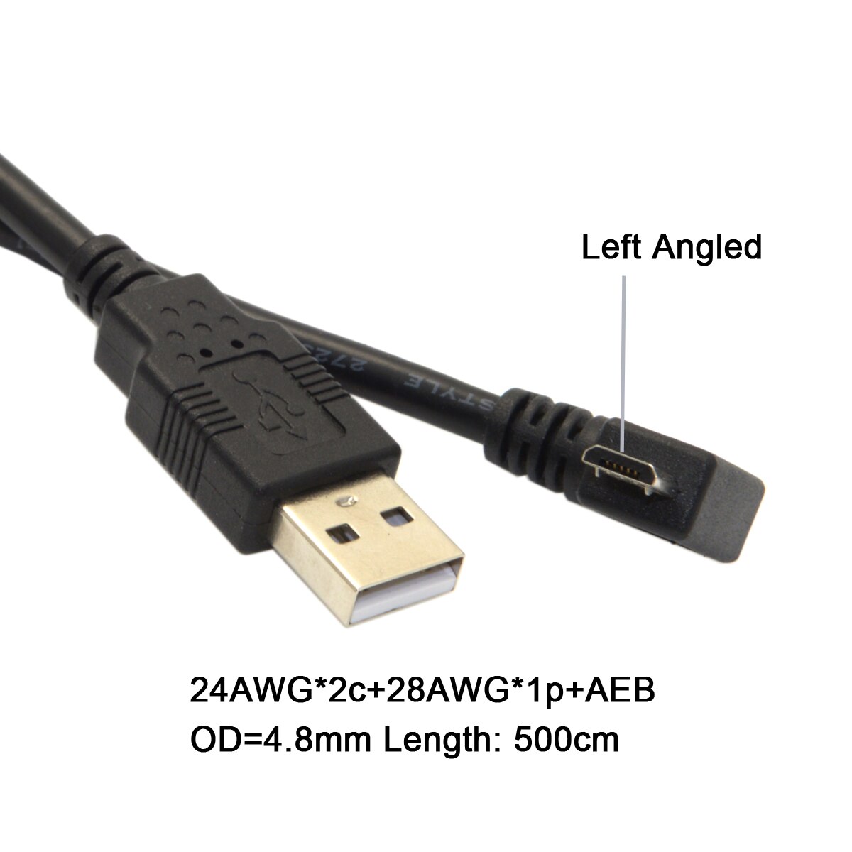 CableCC CY 5 meters 16ft Left Angled 90 Degree Micro USB Male to USB 2.0 Data Charge Cable for Cell Phone & Tablet