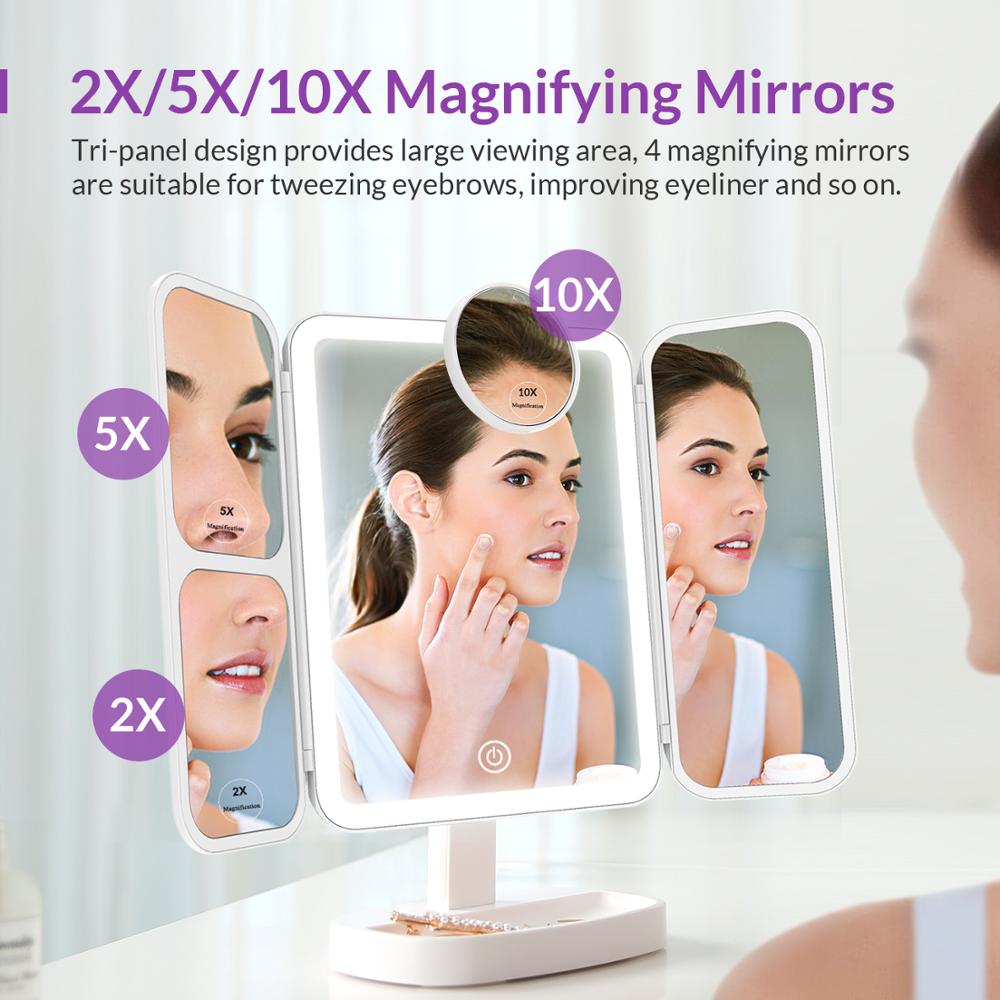 Espejo de maquillaje portátil con luz LED, tocador con aumento de 2x/5x/10x, Doble potencia de cosmética
