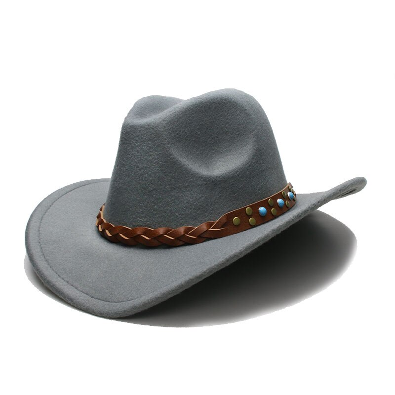 Luckylianji uldfilt vestlig cowboy hat til barn barn bred skygge cowgirl kallaite fletning læderbånd (størrelse :54cm, juster reb): Grå