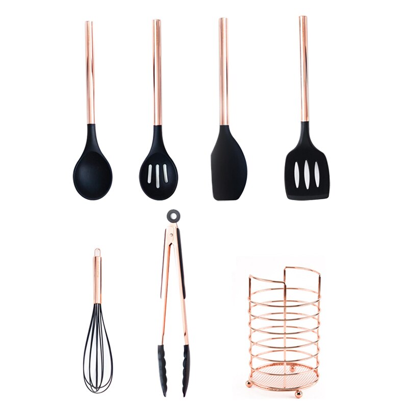 6/7 Pcs Silicone Kitchen Spatula Set,Cooking Utensils Sets with Rose Gold Handle Silicone Kitchen Tools Non-stick Kitchenware: 7PCS Black