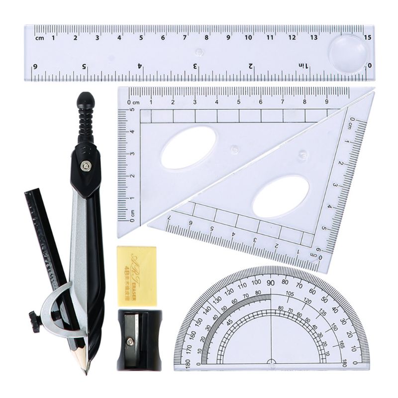 7pcs/set Math Geometry Protractor Drawing Compass Ruler Triangle Math Study Tool Kit School Supplies