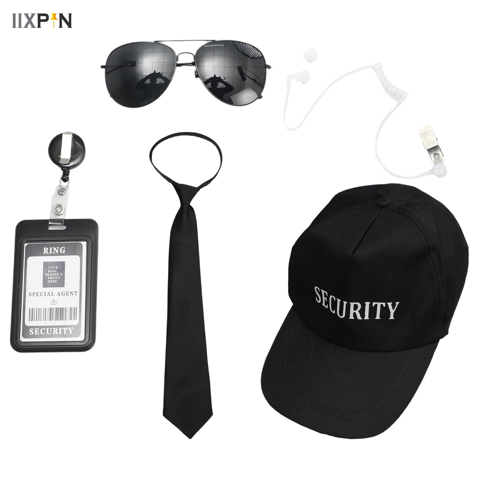 Set di accessori per agenti Cravatta Tappi per le orecchie Occhiali da lavoro di marca Cappello Servizio di sicurezza segreto Costume per adolescenti Adulti Gioco cosplay Festa