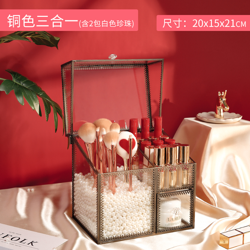 Glass Makeup Brush Holder Storage Drawer Box With White Pearls Gold Glass Makeup Brush Pearls Holder Storage Drawer Box