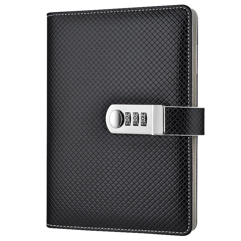 A5 PU Leather Notebooks Journals Planner Password Agenda Stationery Diary With Lock Note Book for School Office Supplies: Black
