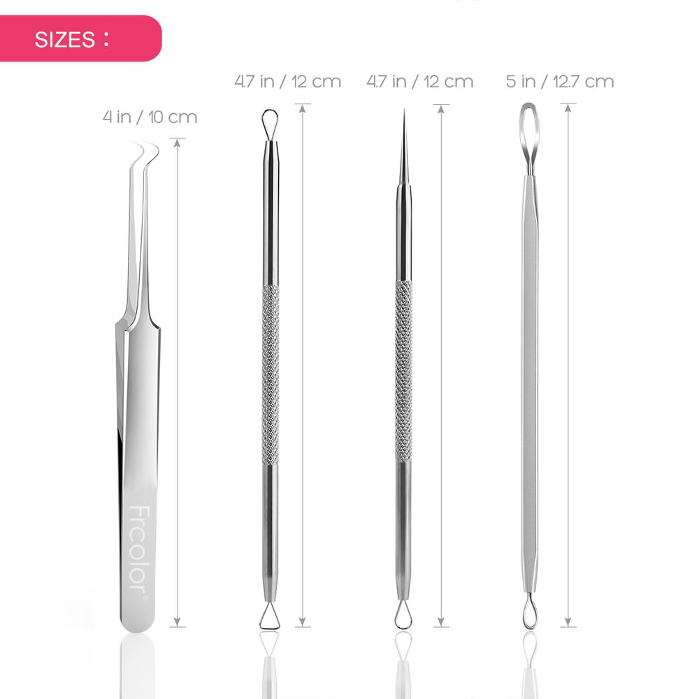 Frcolor 4pcs Blackhead Remover Pimple Comedone Extractor Tool Best Acne Removal Extraction Kit with Black Leather Case