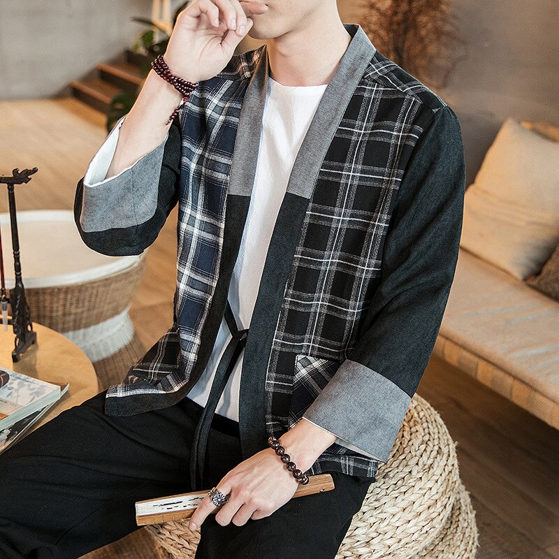 Kimono japonais imprimé Yukata pour homme, haut, manteau, chemises à manches, veste en lin, samouraï japonais Haori, Cardigan, Costume,: 5XL 100-115KG