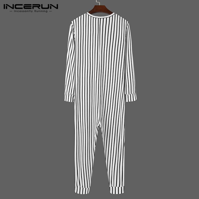 Incerun Mannen Gestreepte Pyjama Jumpsuits Lange Mouwen Button Up Leisure Homewear Rompertjes Cozy O Hals Heren Nachtkleding Overalls S-5XL